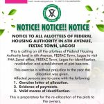 NOTICE TO ALL ALLOTTEES OF FHA IN 6TH AVENUE FESTAC TOWN, LAGOS Fha west end